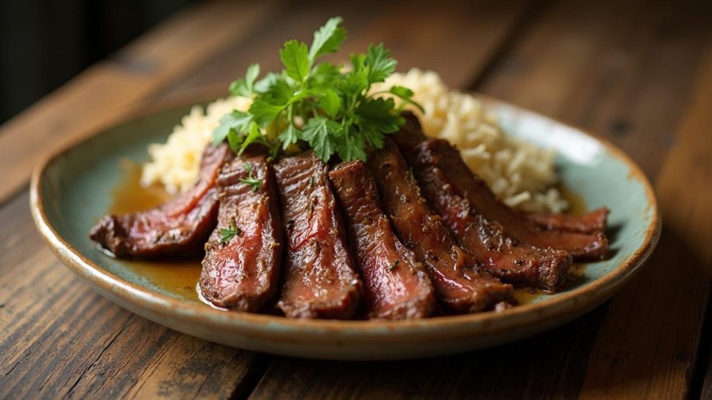 Plat de boeuf braisé avec sauce, servi sur un lit de riz blanc et décoré de persil frais