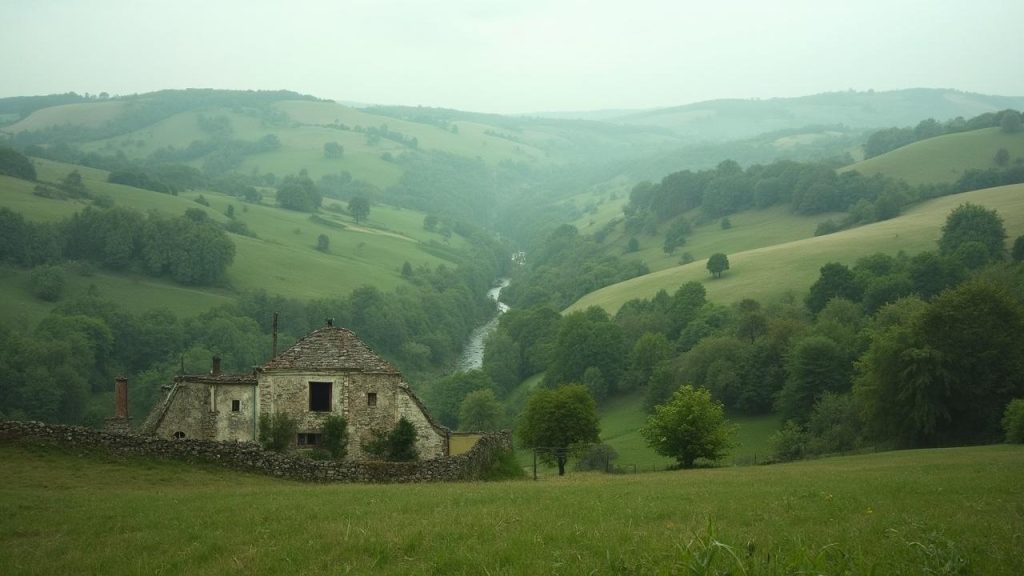 Paysage de campagne avec des collines, des arbres et une vieille maison en pierre