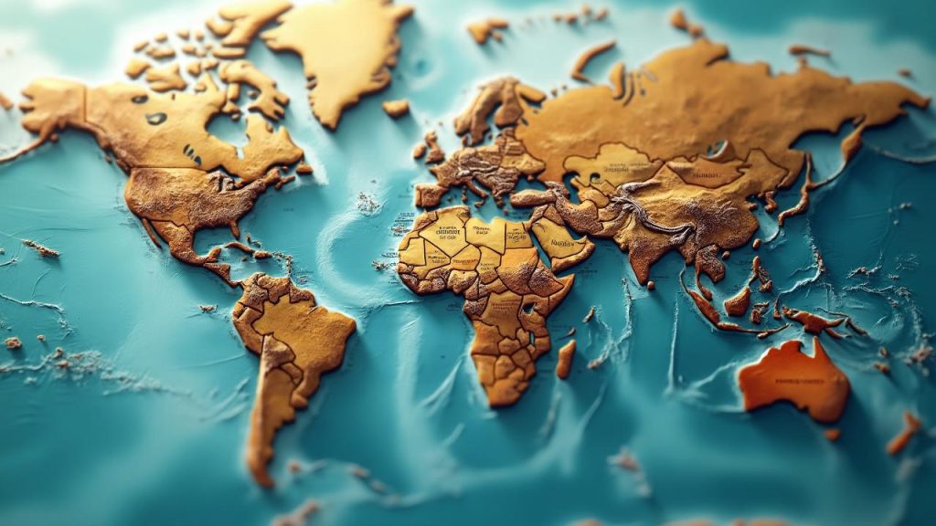 Carte du monde avec les continents en relief doré sur un fond bleu turquoise.