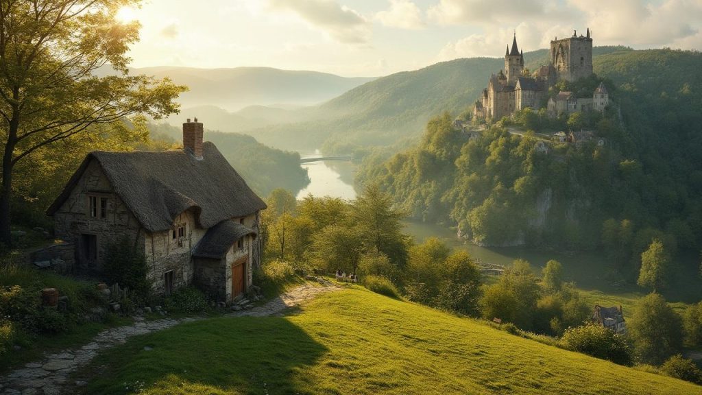 Paysage pittoresque avec château médiéval sur une colline verdoyante