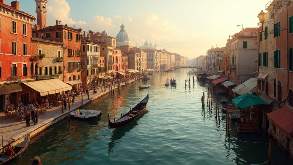 Vue panoramique du célèbre Canal de Venise avec des gondoles et des bâtiments historiques.