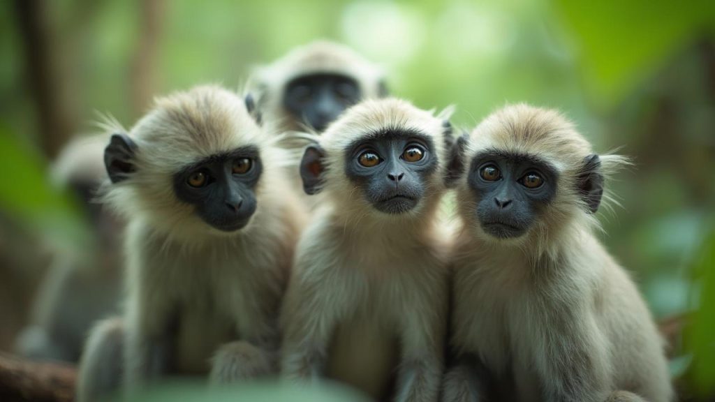 Gros plan de trois singes colobus blancs dans la forêt