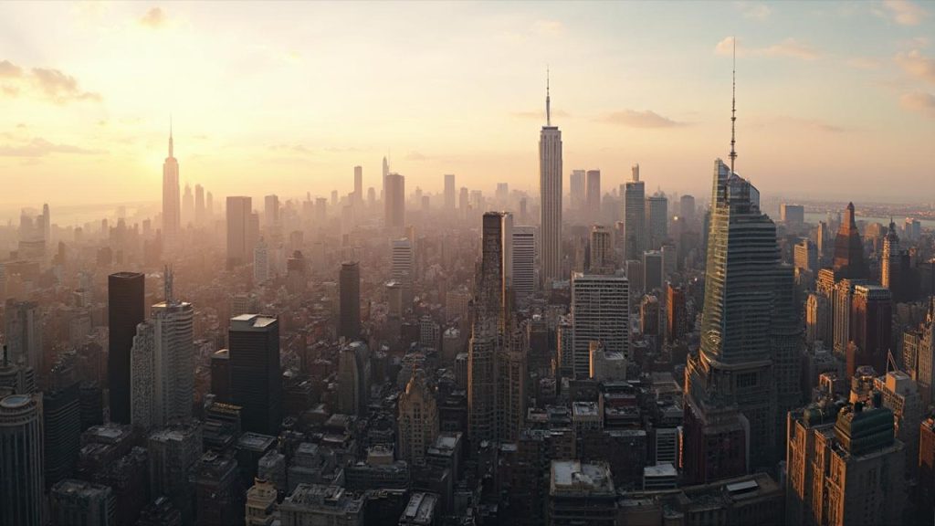 Vue aérienne de l'horizon de Manhattan au coucher de soleil