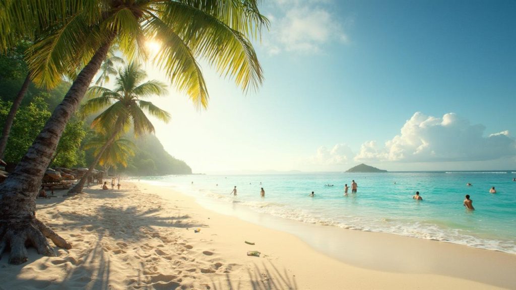Plage de sable doré bordée de cocotiers, avec des baigneurs dans l'eau turquoise.
