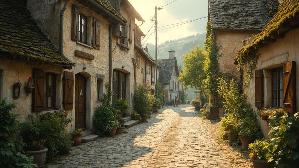 Rue pavée bordée de maisons anciennes en pierre dans un village pittoresque