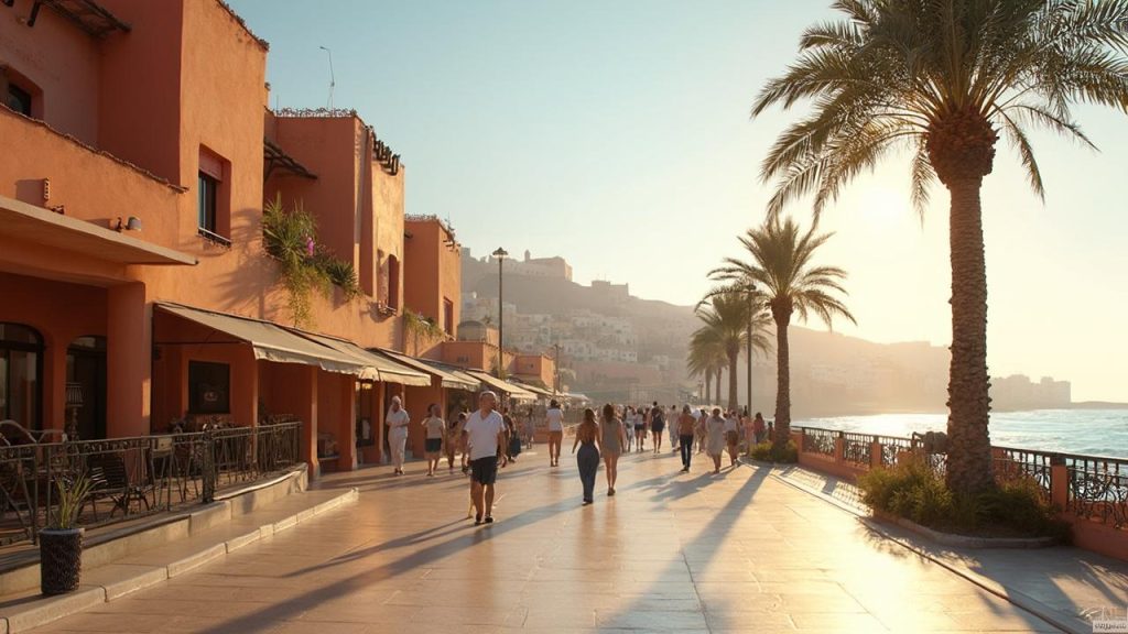 Allée bordée de palmiers avec des passants profitant du soleil couchant