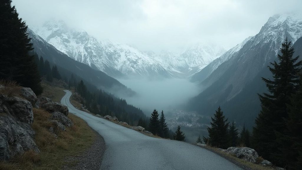 Paysage de montagnes enneigées, de forêts de conifères et d'un sentier sinueux