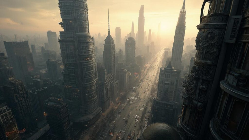 Vue aérienne d'une ville moderne avec de hauts bâtiments dans un paysage brumeux et mystérieux