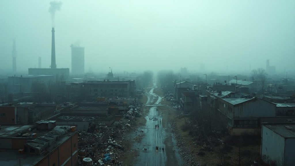 Paysage urbain sombre et industriel dans un épais brouillard