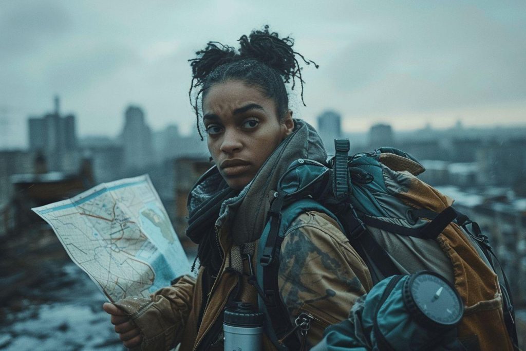 Une femme au regard décidé, son sac à dos et une carte à la main.