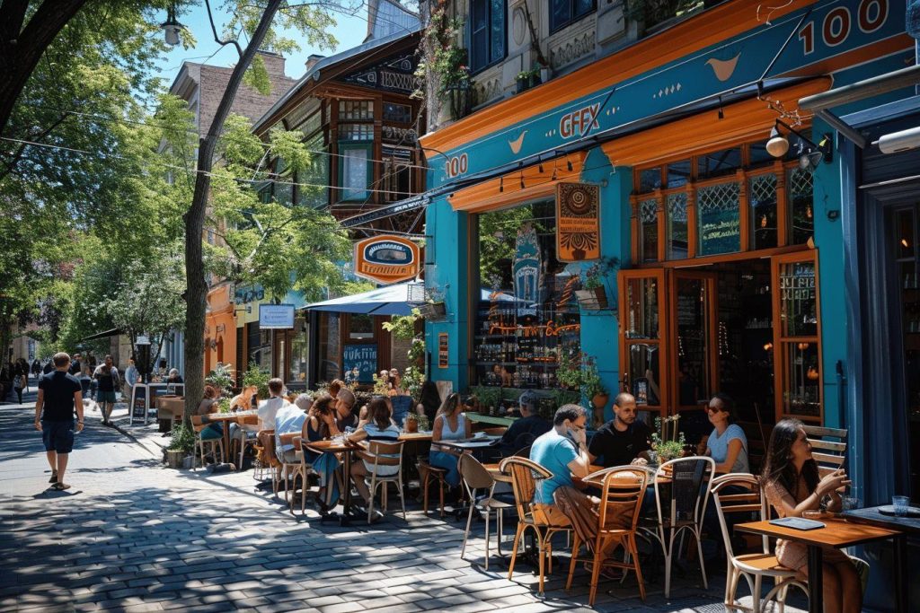 Vue d'un quartier animé avec des cafés en terrasse bondés.