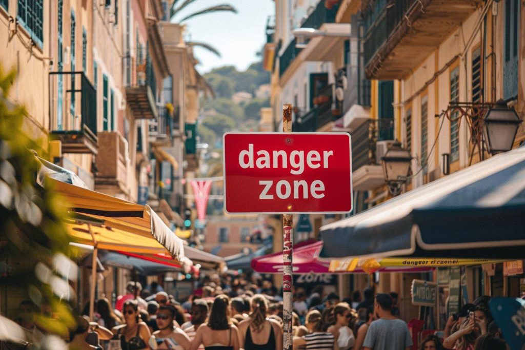 Image montrant une foule de personnes dans une ruelle étroite avec un panneau 'Danger Zone'