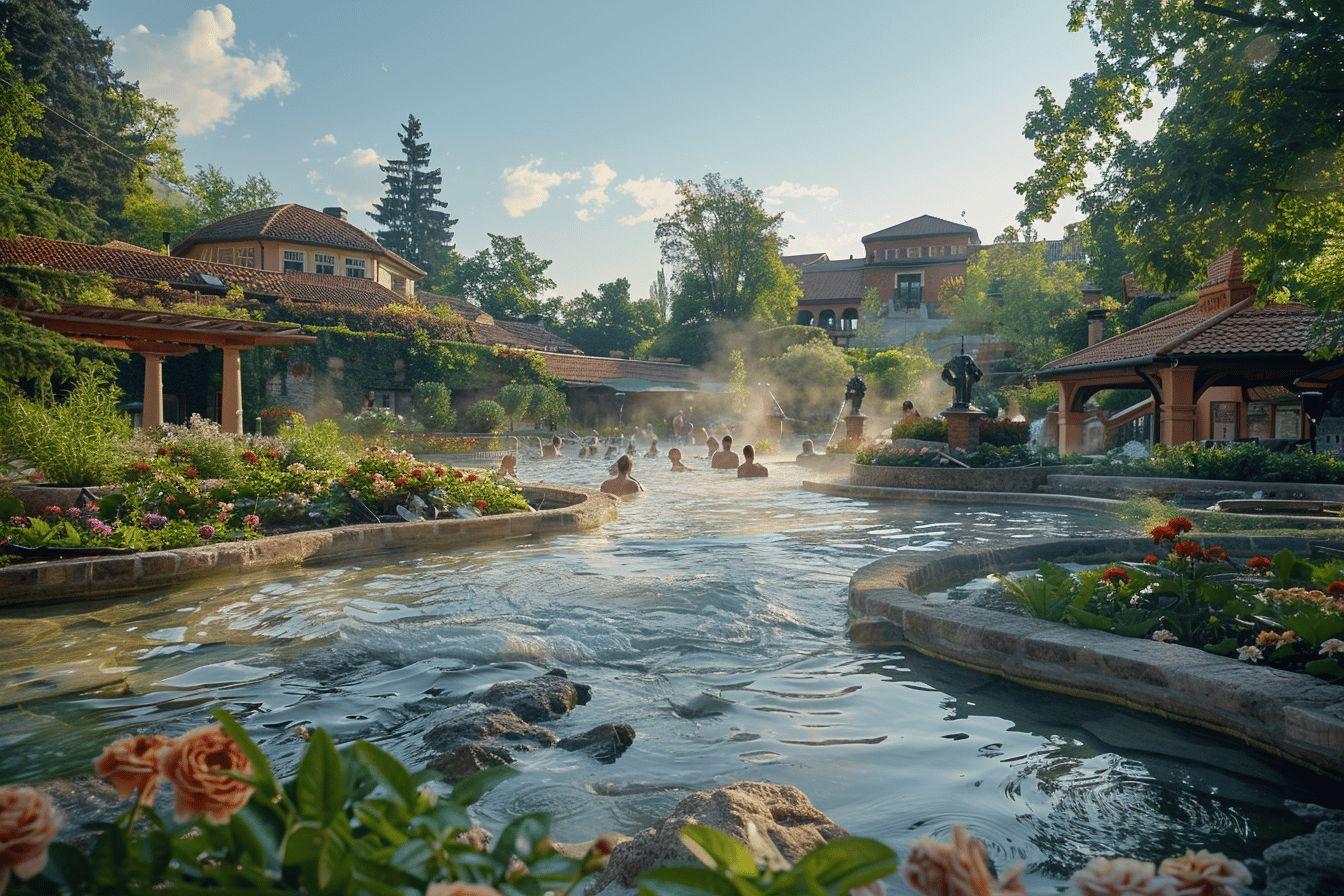 Vue d'un spa en plein air entouré de verdure et de fleurs.
