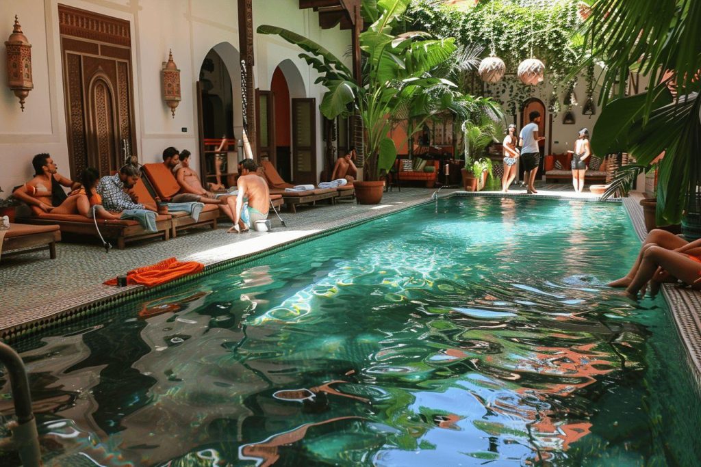 Piscine d'un riad marocain, entouré de végétation luxuriante et de personnes se détendant.
