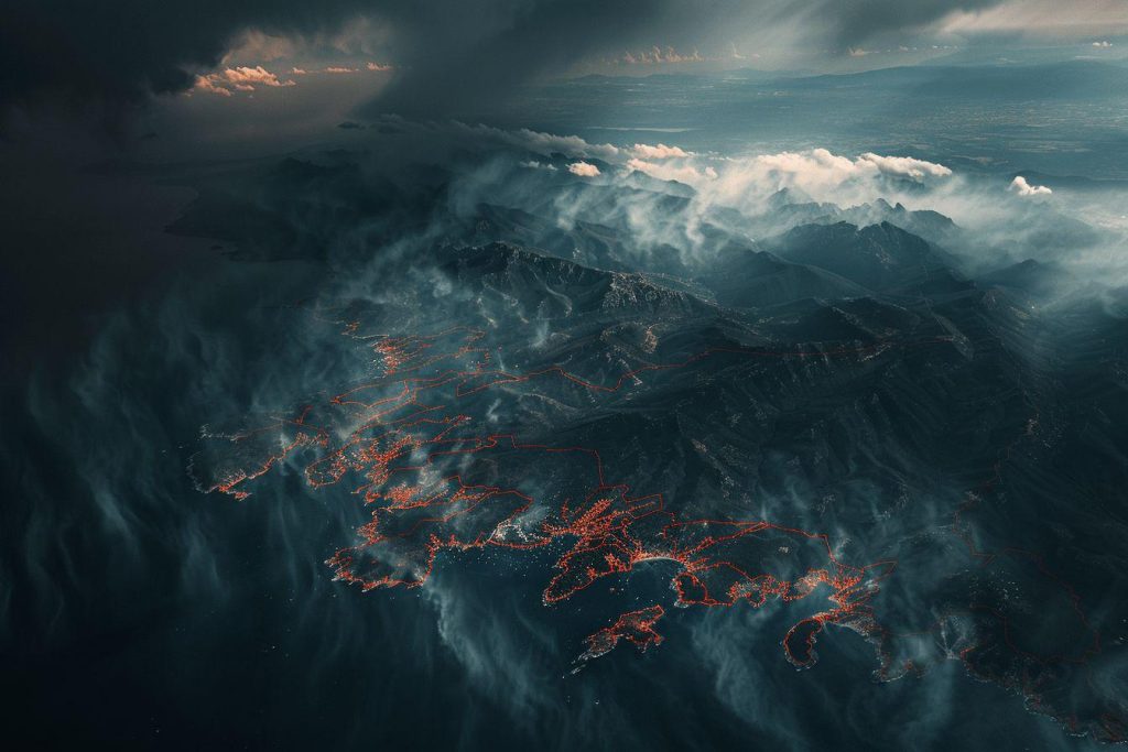 Vue aérienne de montagnes sombres enveloppées de nuages sombres et de fumée rougeoyante