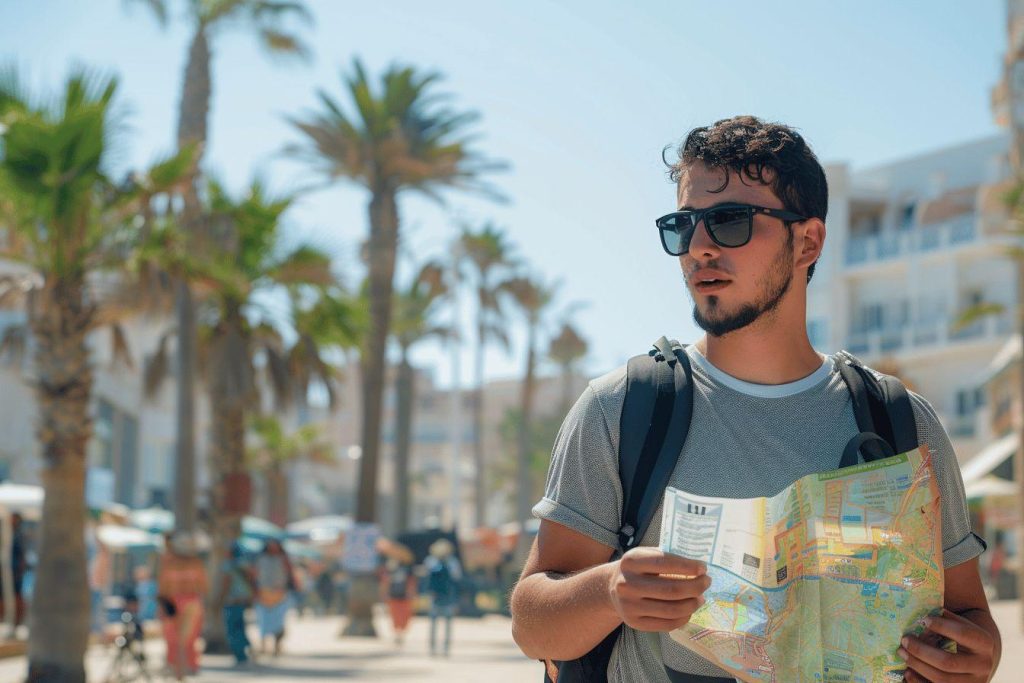 Jeune homme dans la rue regardant une carte touristique