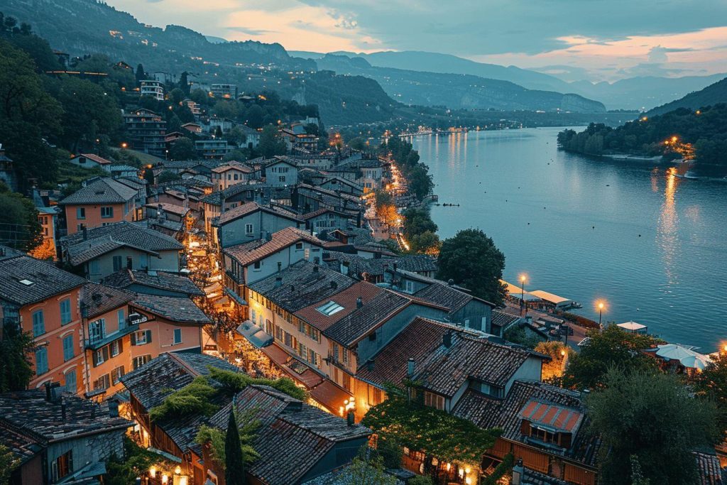 Vue panoramique d'une ville italienne pittoresque au bord d'un lac de montagne à la tombée de la nuit