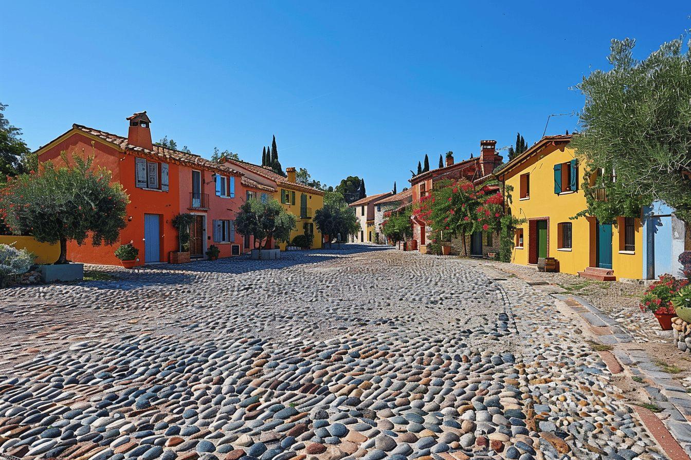 Ruelle pavée de galets, maisons colorées méditerranéennes, ciel bleu