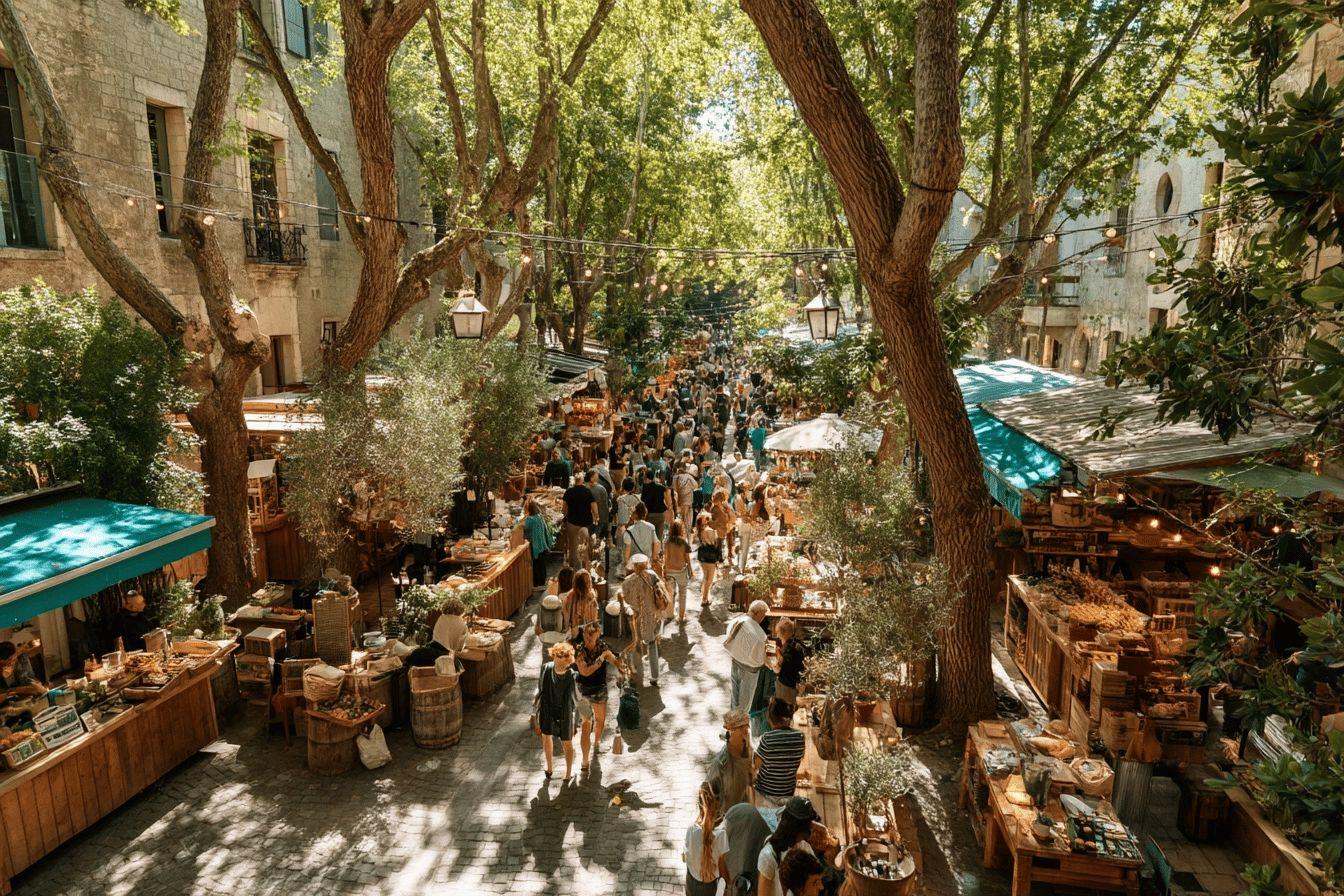 Étal de marché animé avec stands en bois et clients