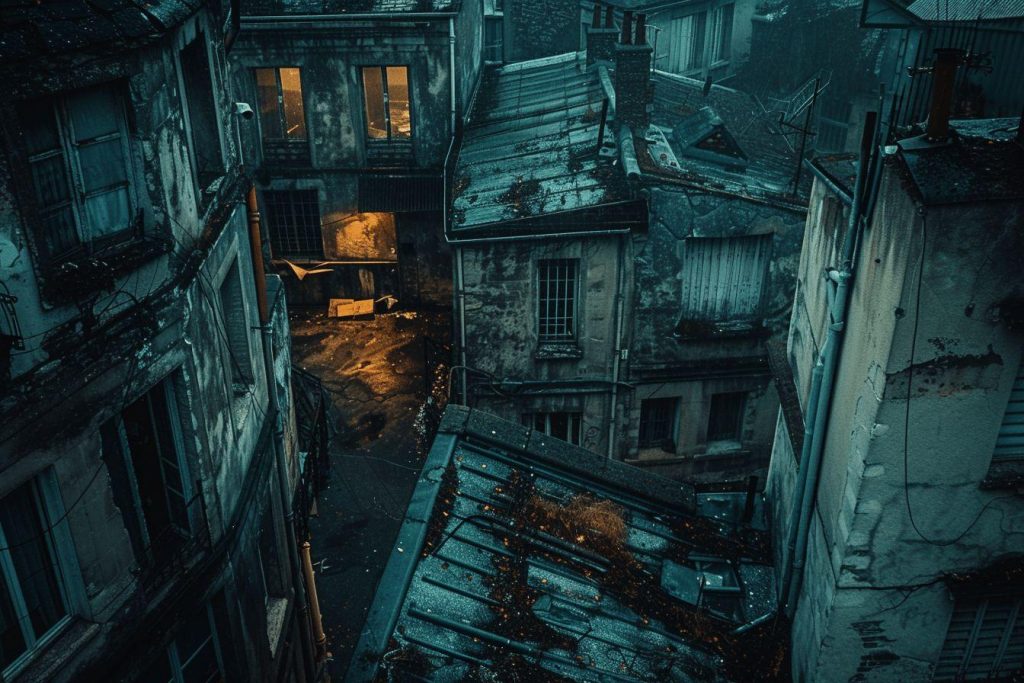 Toits usés et fenêtres sombres dans une ruelle étroite