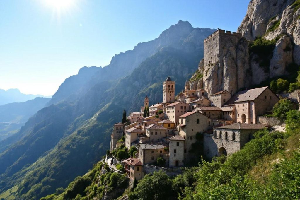 Bâti sur un piton rocheux, ce village médiéval attire autant par ses panoramas spectaculaires que par ses remparts