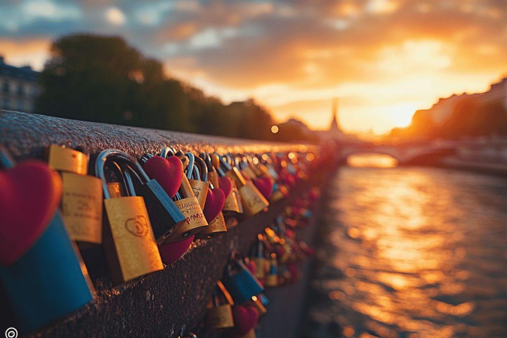 Nombreux cadenas colorés sur un pont face au soleil couchant