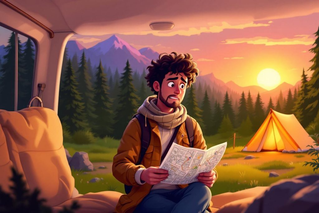 Homme regardant une carte, tente jaune, montagnes au coucher du soleil