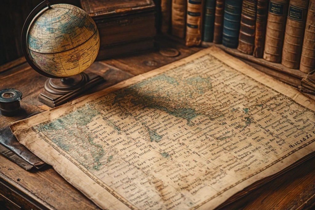 Ancien atlas ouvert avec globe terrestre et livres poussiéreux
