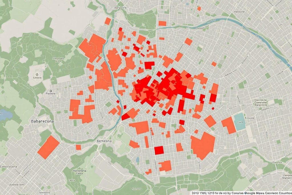 Carte de Barcelone avec des zones colorées en rouge et orange