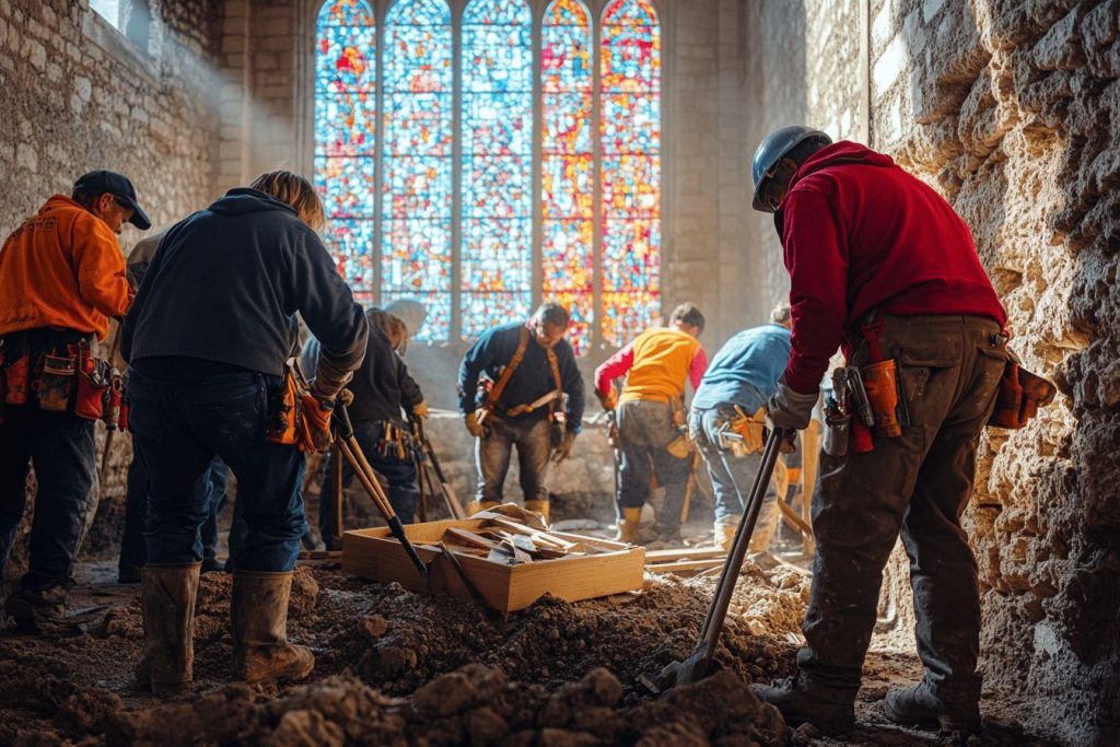 Ouvriers au travail dans un édifice religieux lumineux