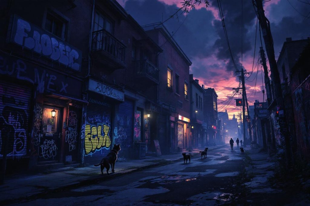 Ruelle urbaine avec graffitis et chiens au crépuscule