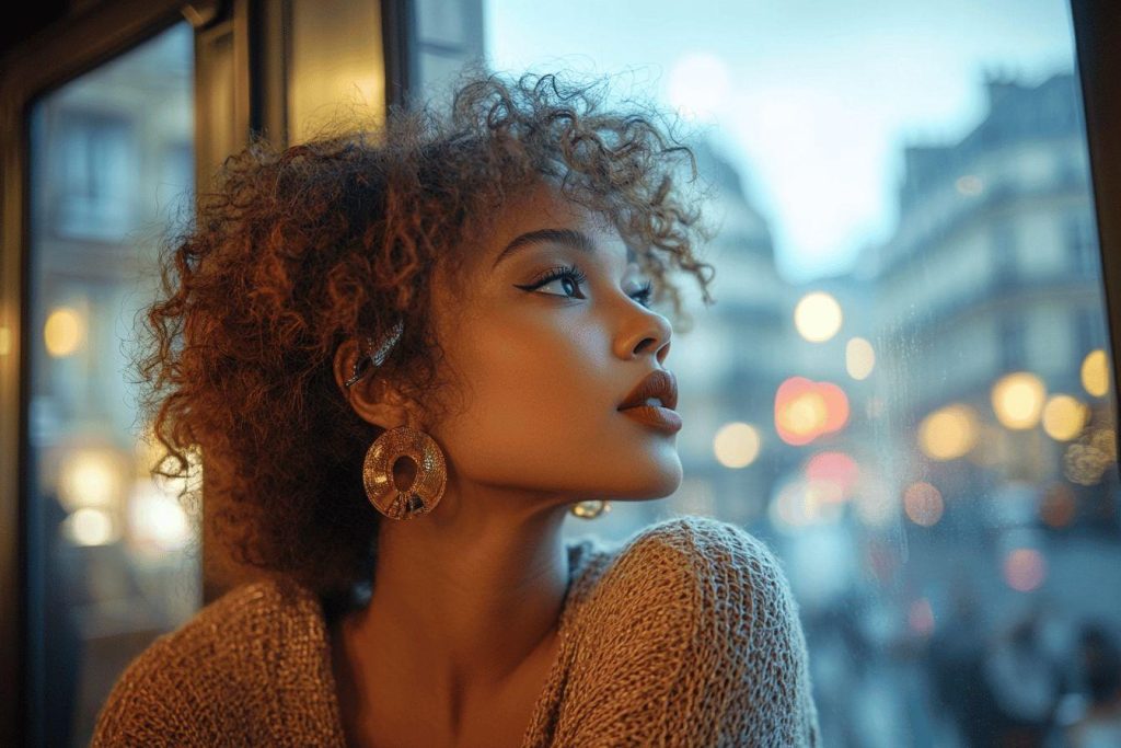 Femme aux cheveux bouclés regardant par la fenêtre