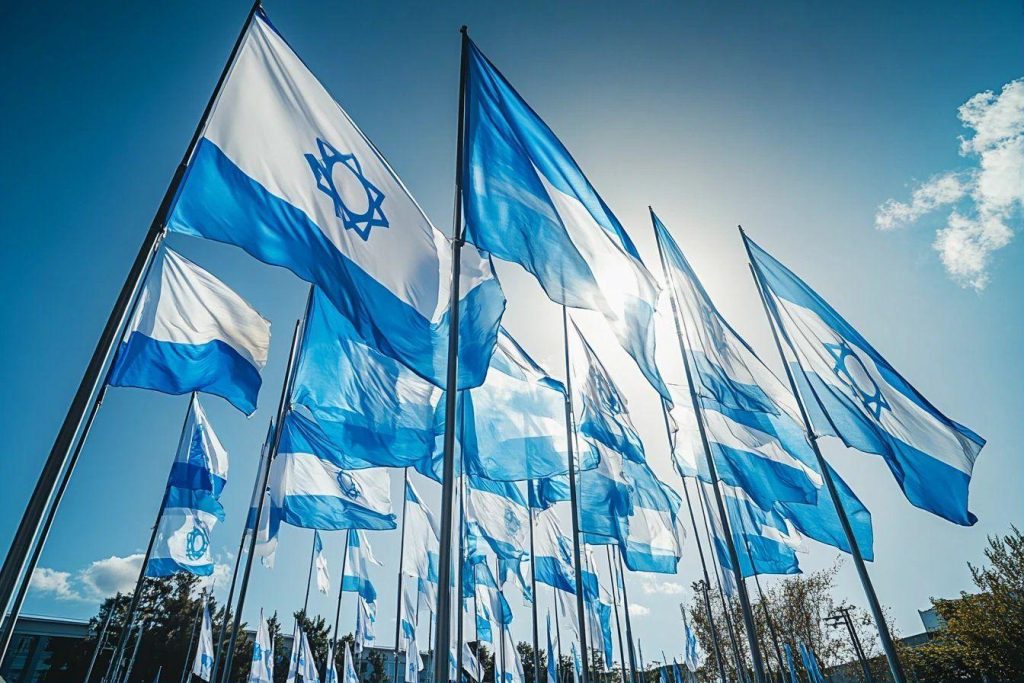 Plusieurs drapeaux israéliens flottant contre un ciel bleu