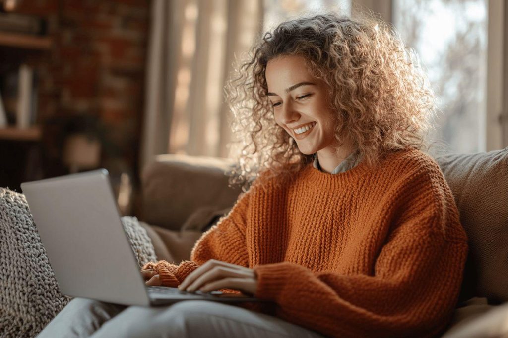 Femme aux cheveux bouclés portant un pull orange, utilisant un ordinateur portable