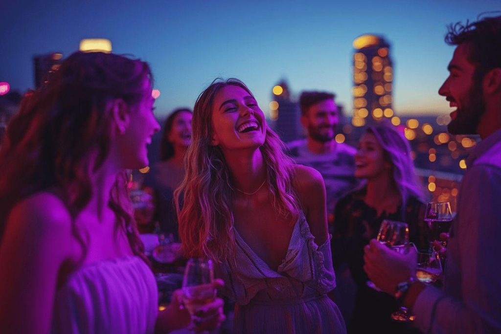 Groupe d'amis riant lors d'une soirée nocturne sur un toit