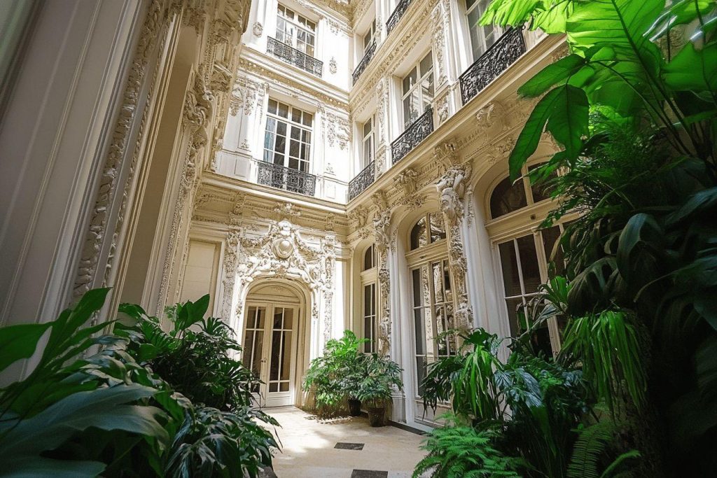 Cour intérieure de style baroque avec plantes luxuriantes