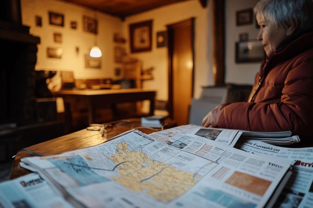 Personne en veste rouge étudiant des journaux et cartes