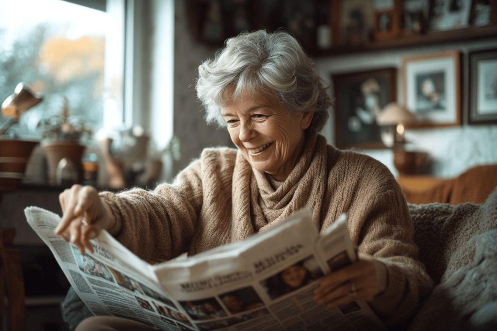 Femme âgée souriante lisant le journal près d'une fenêtre