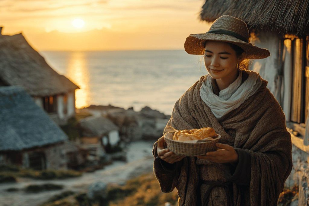 Femme au chapeau tenant un panier de pain près de la mer