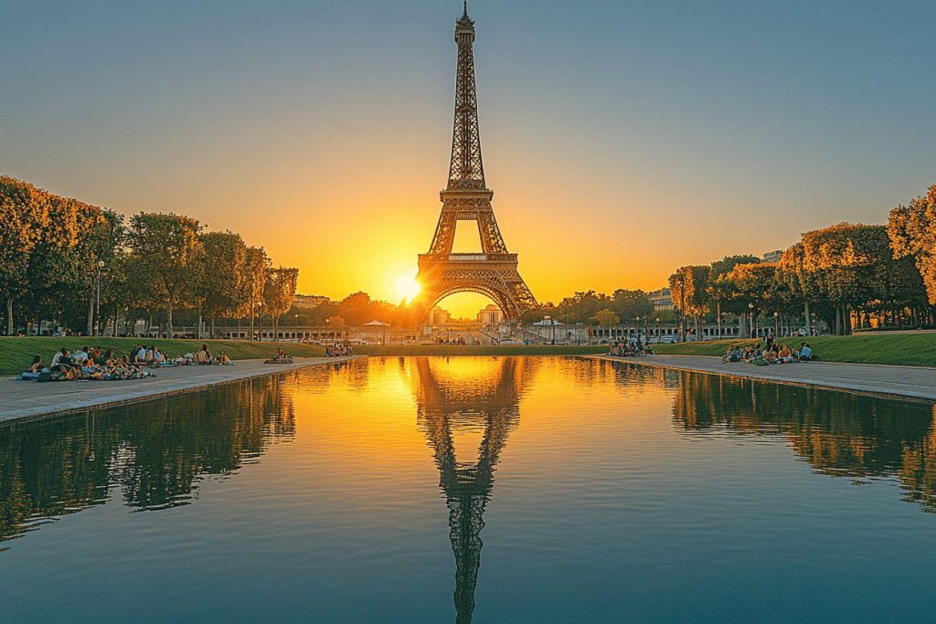 Tour Eiffel se reflétant dans un bassin au lever du soleil