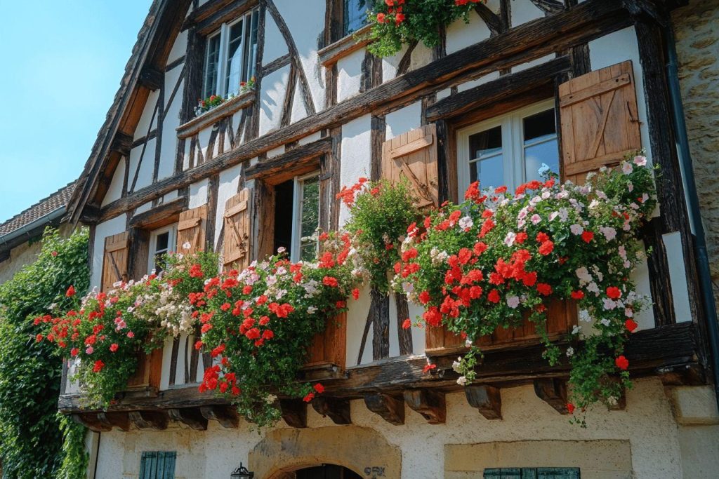 Façade ancienne avec fenêtres en bois et géraniums rouges