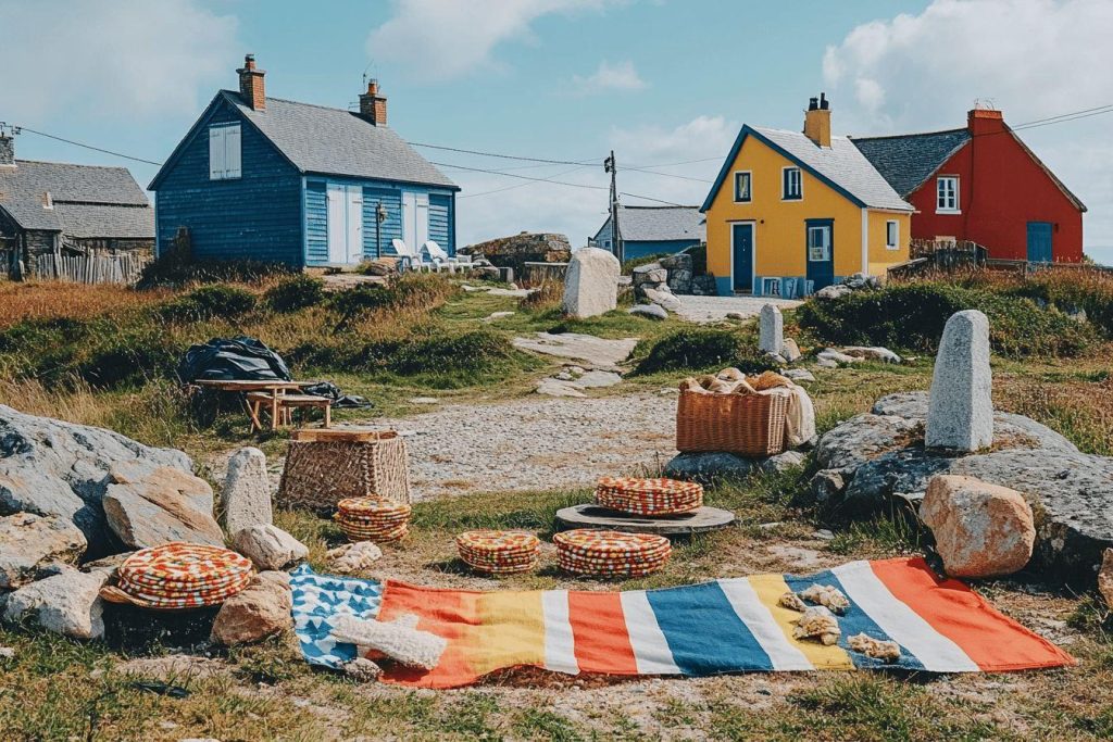 Habitations bleu, jaune et rouge avec accessoires dans un paysage rocheux