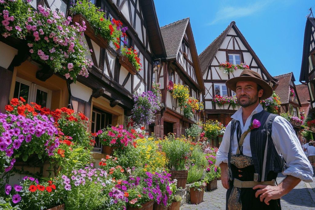 Homme devant des maisons à colombages colorées et fleuries