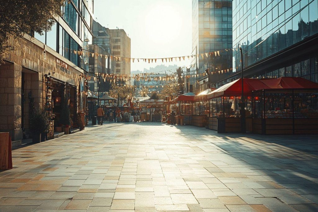 Rue pavée avec stands de marché et bannières entre immeubles modernes
