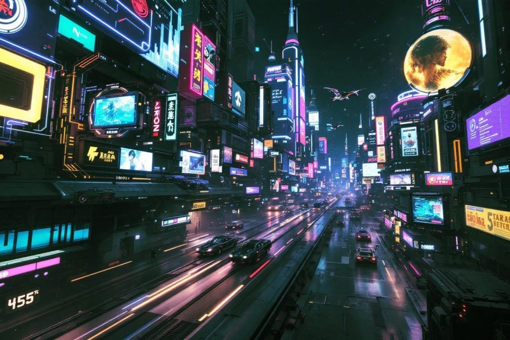 Autoroute urbaine de nuit avec écrans lumineux et voitures