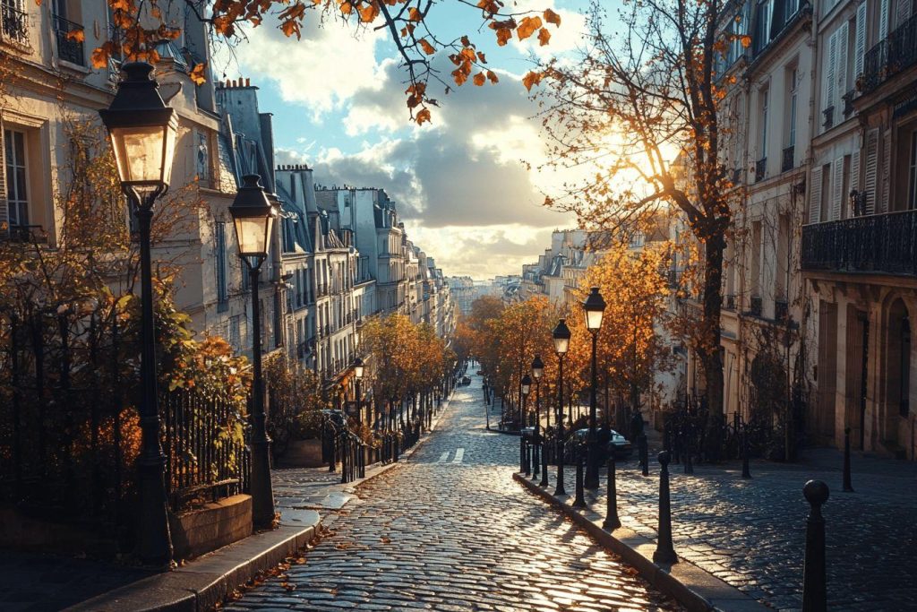 Rue pavée parisienne avec lampadaires et feuilles d'automne