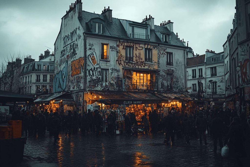 Bâtiment tagué avec échoppes illuminées sous ciel gris