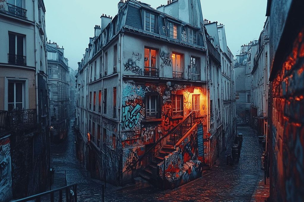 Ruelle pavée avec bâtiment couvert de graffitis, lumières chaudes