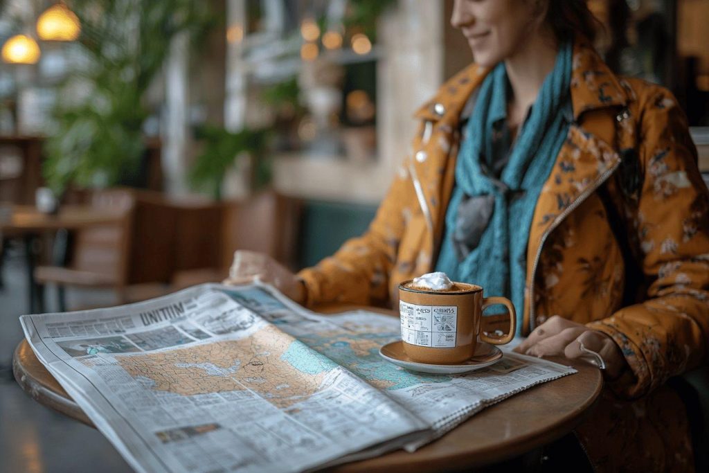 Tasse et journal sur table avec ambiance café