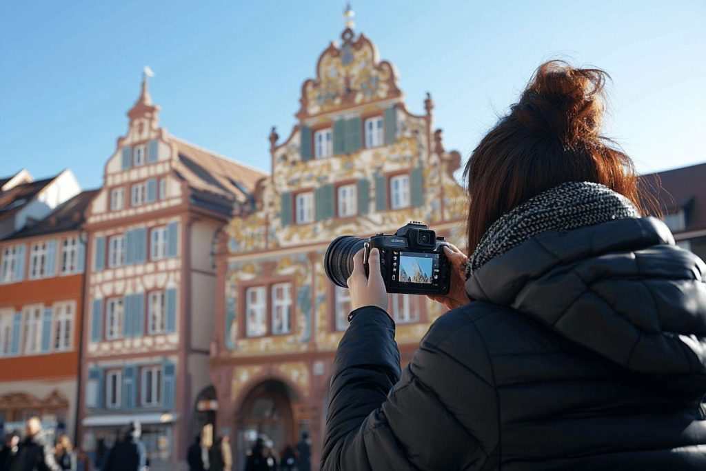 Photographe de dos capture un bâtiment ancien orné